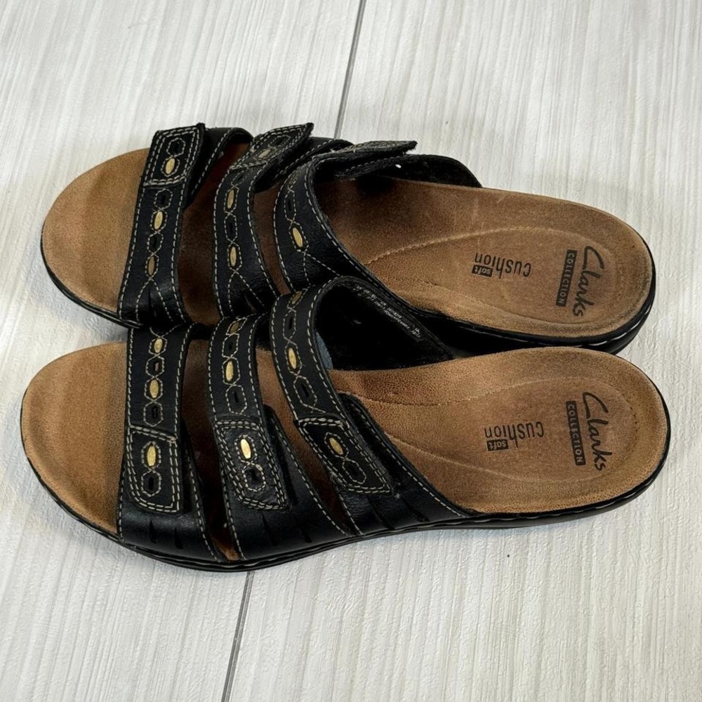 Clarks Collection Black Leather Slide Sandals Cus… - image 3